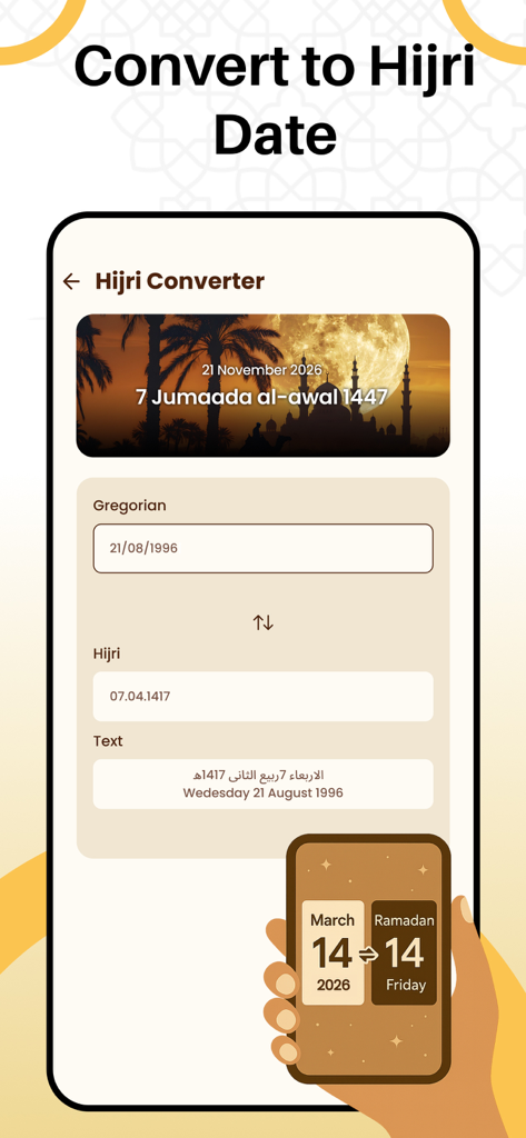 Islamic Hijri Calendar 2026 - Captura de pantalla de la función de convertidor de fecha gregoriana a Hégira en la aplicación Calendario Islámico Hégira 2026.