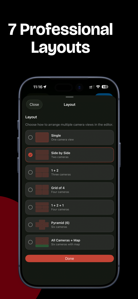 TesCam Studio - Layout selection screen in TesCam Studio showing multi-camera viewing options for Tesla dashcam footage.