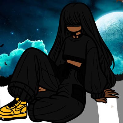 a girl with baggy pants and a crop top with long hair