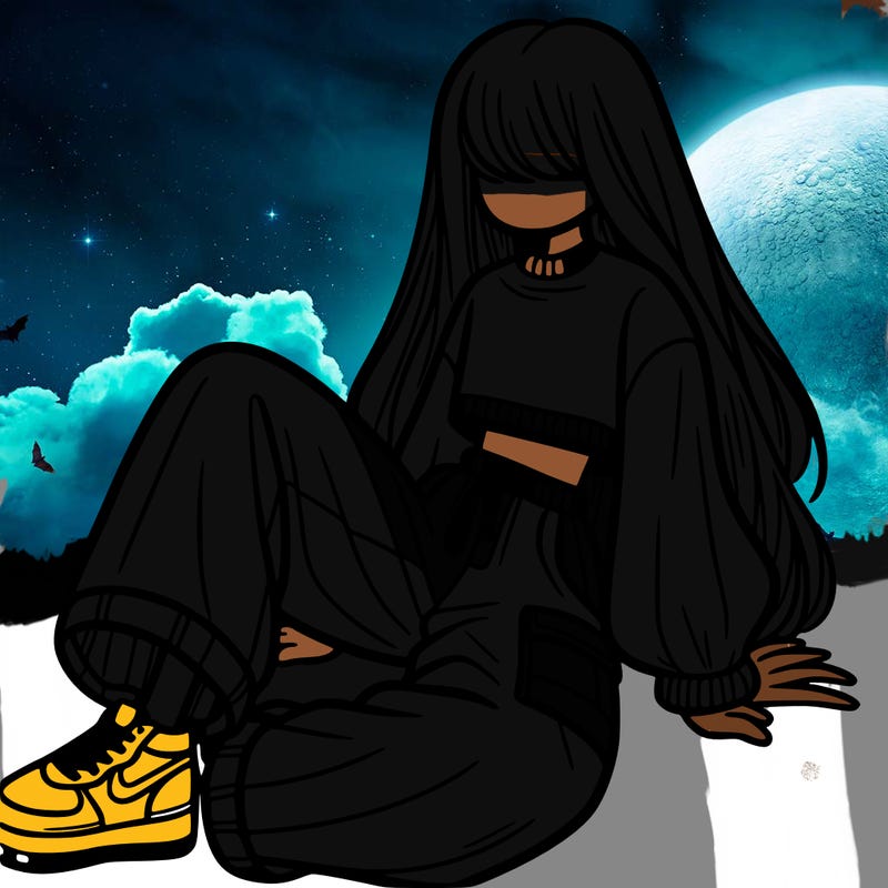 a girl with baggy pants and a crop top with long hair