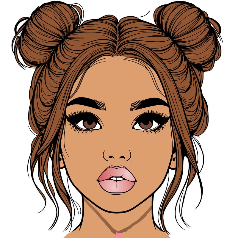 realistic girl with two buns on her hair and lips