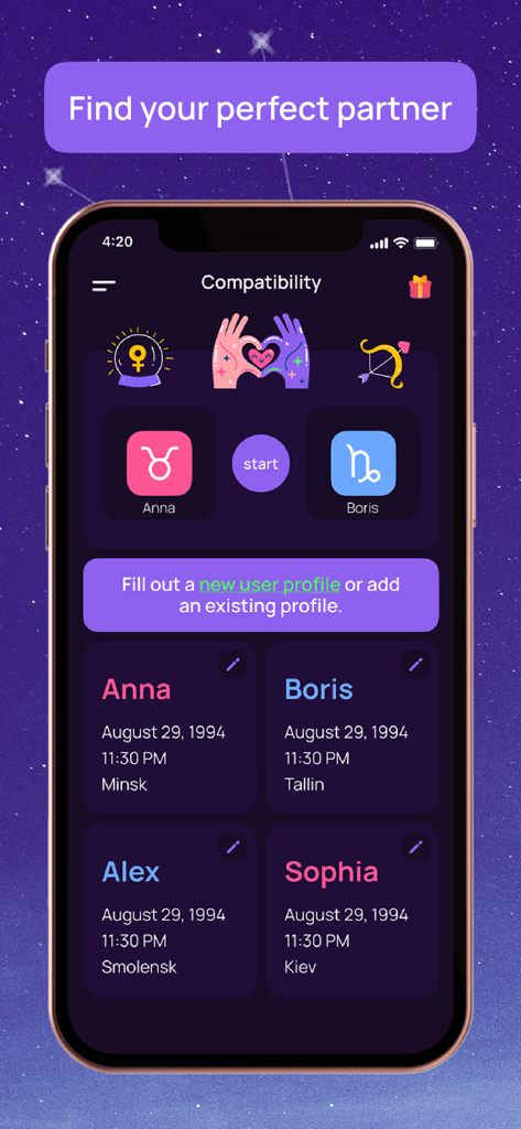 Numia: Astrology and Horoscope - A smartphone screen showing the compatibility feature of the Numia astrology app with zodiac sign profiles for relationship matching.