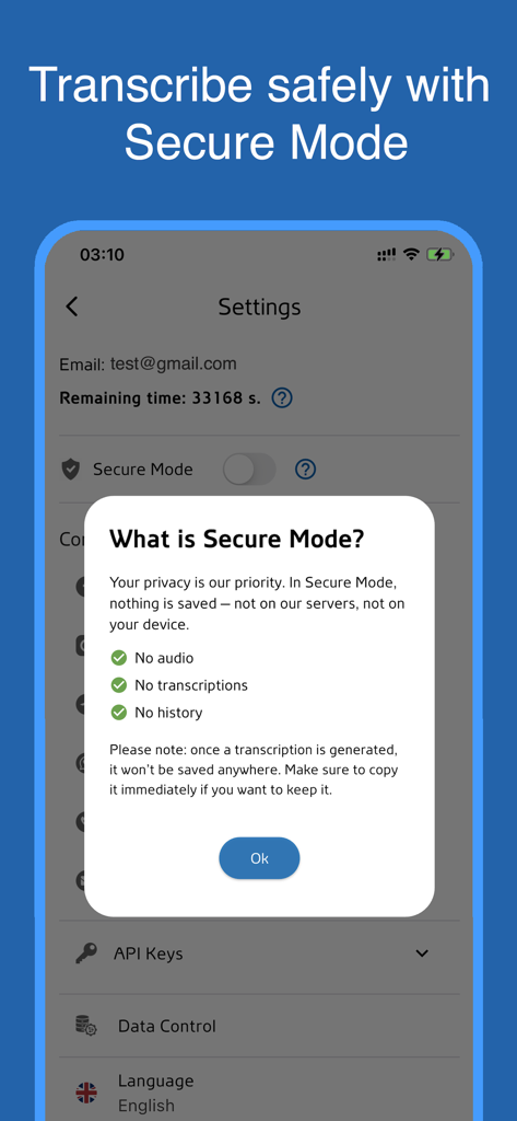 hispeech.ai - Armenian STT - Explicação do recurso de privacidade do Modo Seguro no aplicativo de voz para texto em armênio hispeech.ai