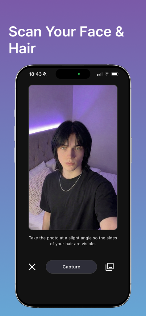 HairLabs app interface showing a scan screen with a young man taking a photo to find matching hairstyles.
