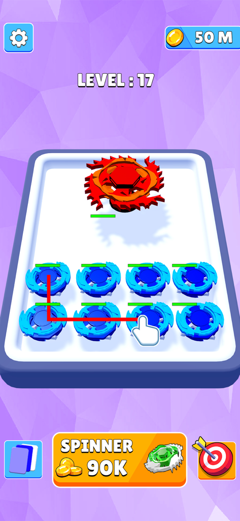 Merge Battle Spinner Simulator - Pantalla de juego del Simulador de Batalla de Spinners mostrando al jugador fusionando spinners azules para luchar contra un jefe rojo