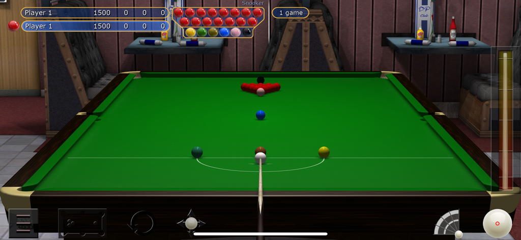Gameplay screenshot of Virtual Pool showing a first-person view of a snooker table setup with balls and a cue stick.