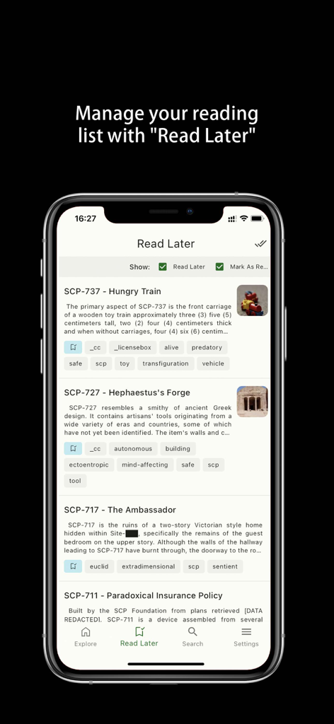 Only SCP - Pantalla de smartphone mostrando la lista de 'Leer más tarde' de artículos de la Fundación SCP en la aplicación Only SCP
