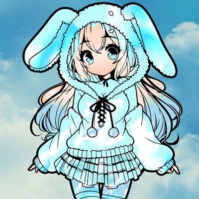 pretty anime girl wearing a fluffy hoodie with bunny ears on the hood and a skirt