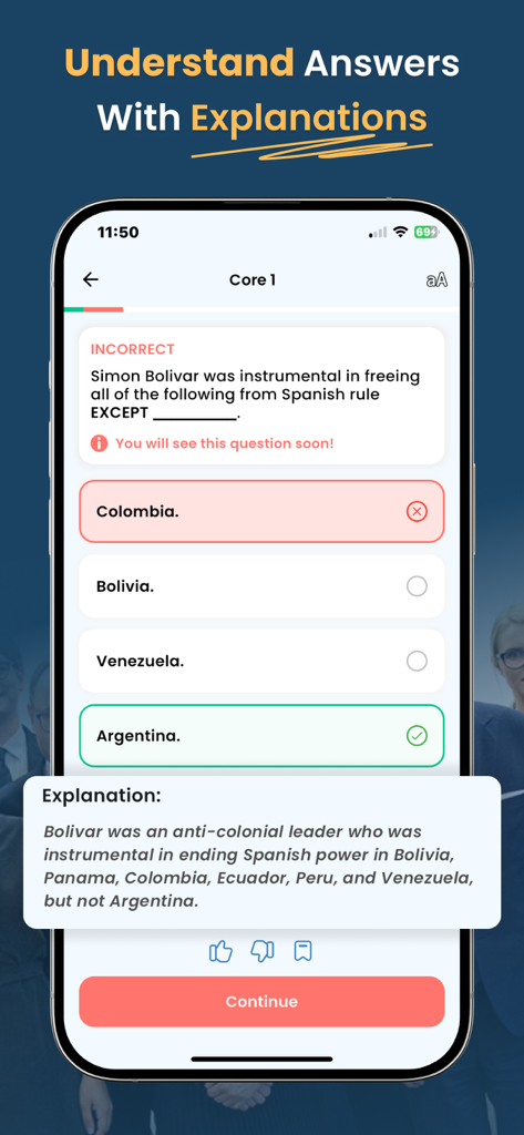 FSOT Practice Test 2026 - FSOT practice test app showing a history question with a detailed answer explanation.