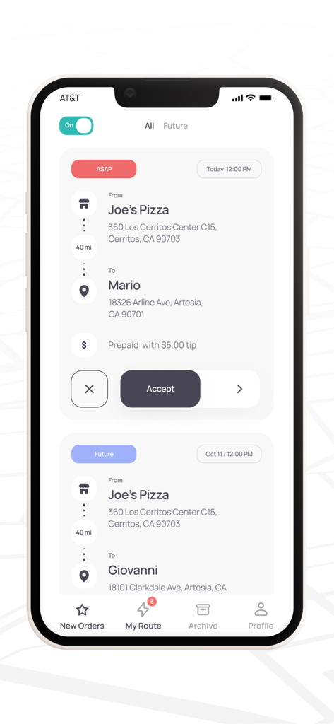 Delivery.com Driver - The Delivery.com Driver app interface showing a list of new delivery orders from Joe's Pizza with pickup and drop-off locations and an accept button.