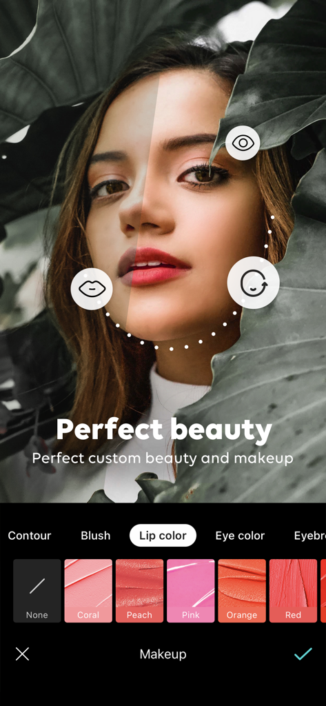ポートレートにデジタルメイクアップツールとリップカラー選択を表示するB612アプリのインターフェース