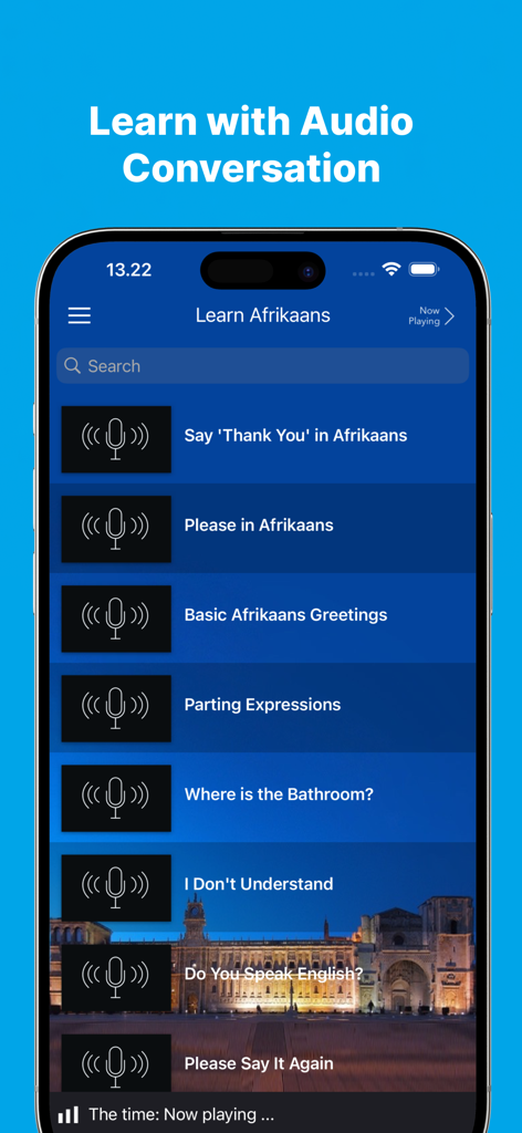 Mobile app interface showing Afrikaans audio lessons for common phrases and greetings