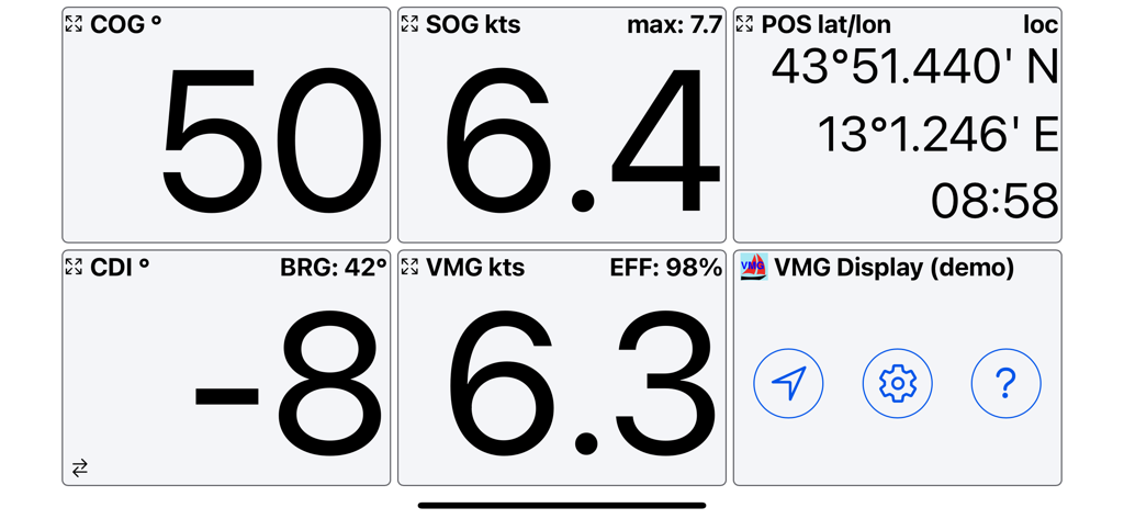 Panel de instrumentos náuticos que muestra VMG SOG y coordenadas GPS para la navegación a vela