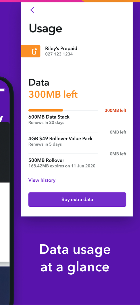Spark NZ app interface displaying mobile data usage and remaining balance for a prepaid account