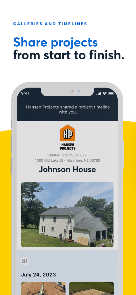 CompanyCam app interface showing a shared project timeline for a residential roofing job.