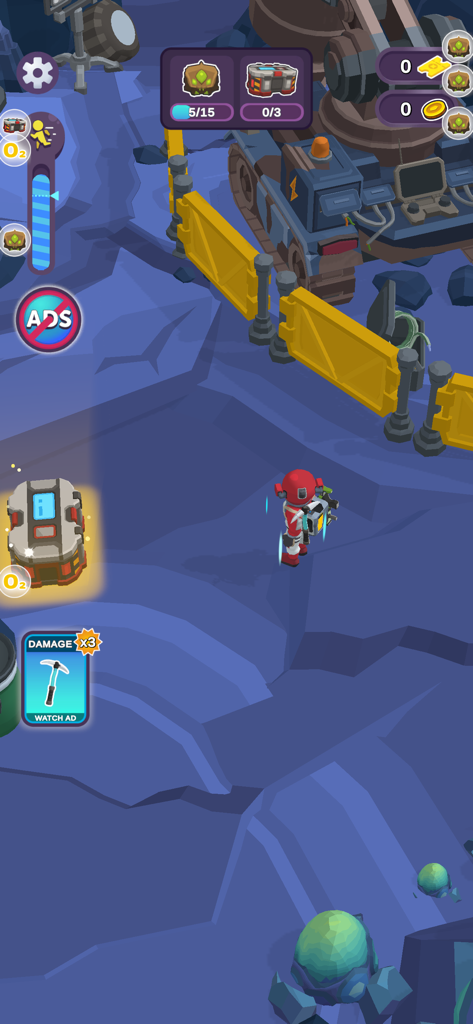 Mars Survivor - Loot & build - A character in a red suit exploring a blue Martian terrain with resource UI and a loot crate