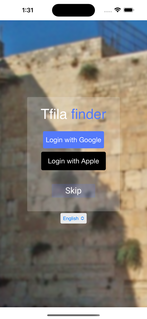 TfilaFinder app welcome screen with login options for Google and Apple