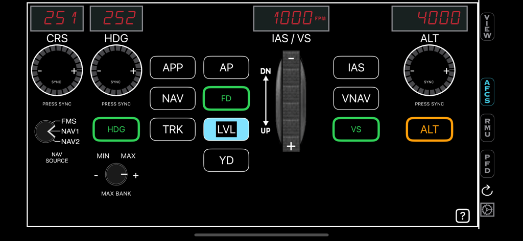 HomeSim - HomeSim AFCS interface showing autopilot controls for heading altitude and vertical speed