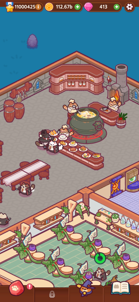 Cat Magic School : Cute Tycoon - Cute cat chefs and students in a magical school cafeteria with a large cauldron