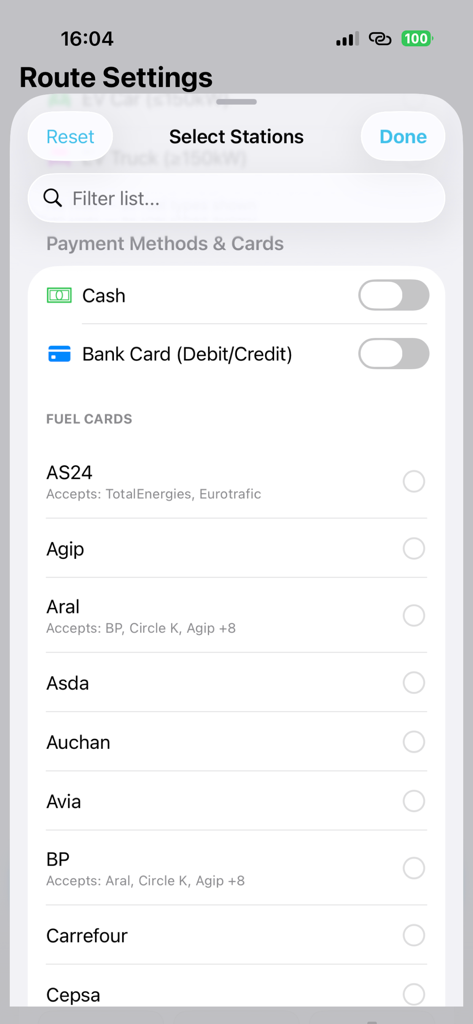iDrive Truck - Route settings screen showing payment methods and a list of supported fuel cards in the iDrive Truck app.