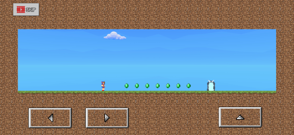 Die Trying - Troll Devil Game - 2D pixel art gameplay from Die Trying showing a character, green gems, and a portal