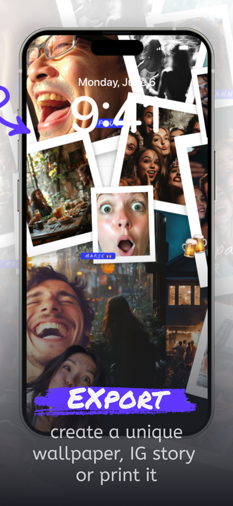 JamWall: Live collage - iPhone lock screen showing a personalized photo collage created with JamWall app used as a wallpaper.