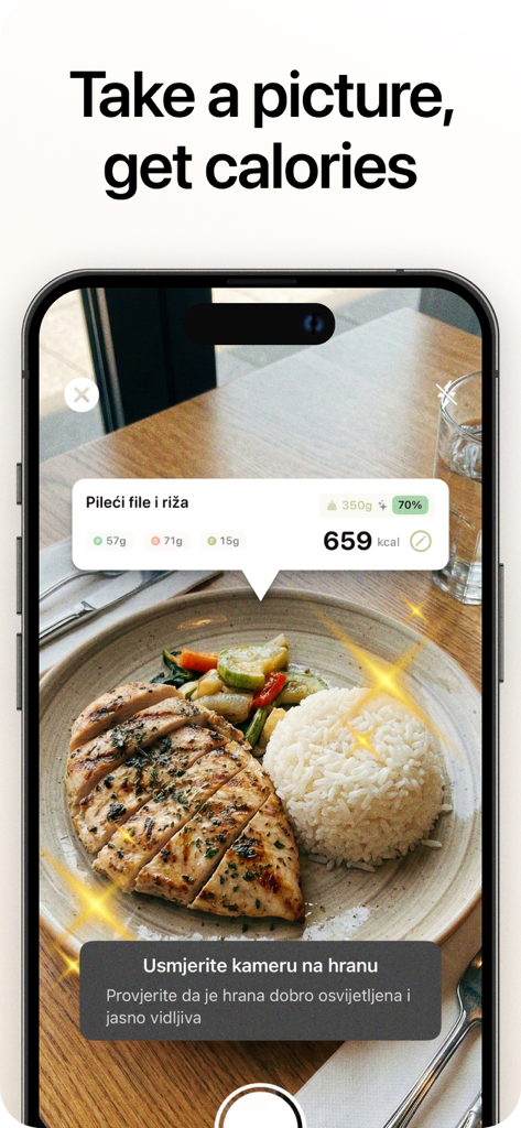 BiteNote - Calorie Tracker - A smartphone screen showing the BiteNote app using AI to identify food and estimate calories from a photo