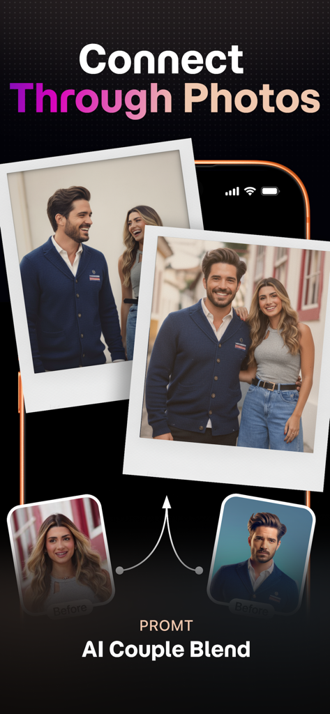 Superlook: AI Video & Photo - Aplicativo Superlook mostrando o recurso AI Couple Blend mesclando retratos individuais em uma única foto