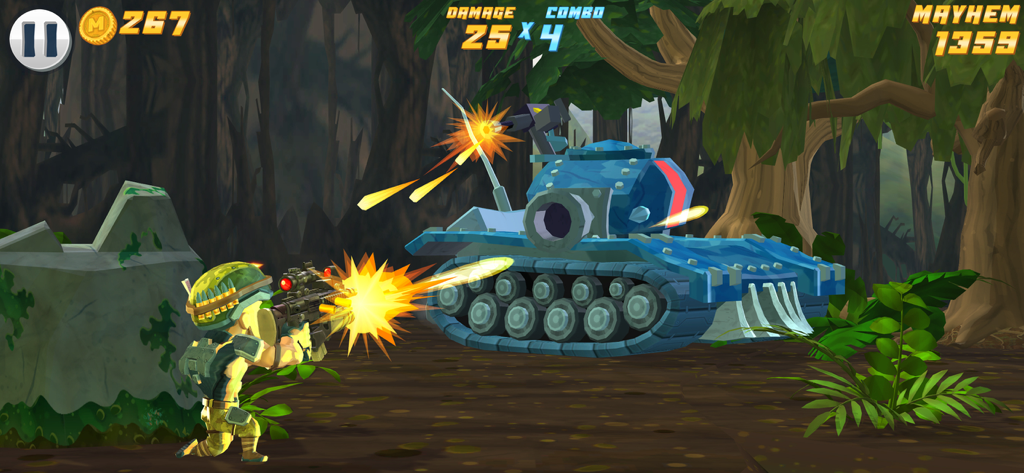 Major Mayhem 2: Action Hero - Major Mayhem shooting at a blue tank in a jungle environment