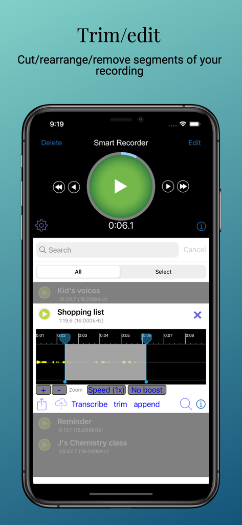 Smart Recorder and transcriber - Smart Recorder app interface showing audio trimming and editing tools for a voice recording