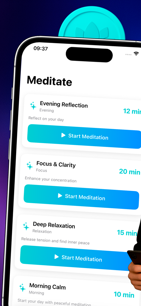MindSync PersonalTracker - MindSync app screen displaying guided meditation options like Evening Reflection and Focus and Clarity