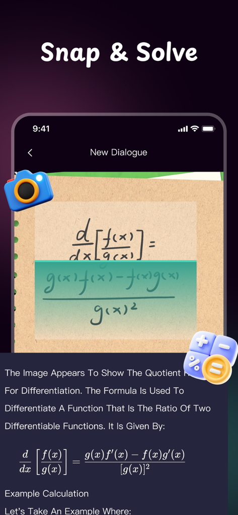 Chatbot AI Assistant, Image AI - Aplicación ChatOm AI que muestra la función 'Snap and Solve' explicando una fórmula matemática a partir de una foto.