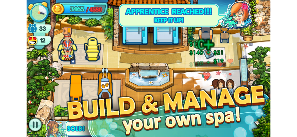 Sallys Spa gameplay showing beauty salon management and tropical spa stations