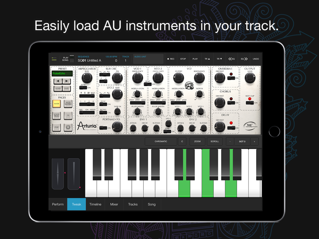 iMPC Pro 2 - Application iMPC Pro 2 sur iPad affichant l'intégration d'instruments Audio Unit avec un clavier virtuel et des contrôles de synthétiseur