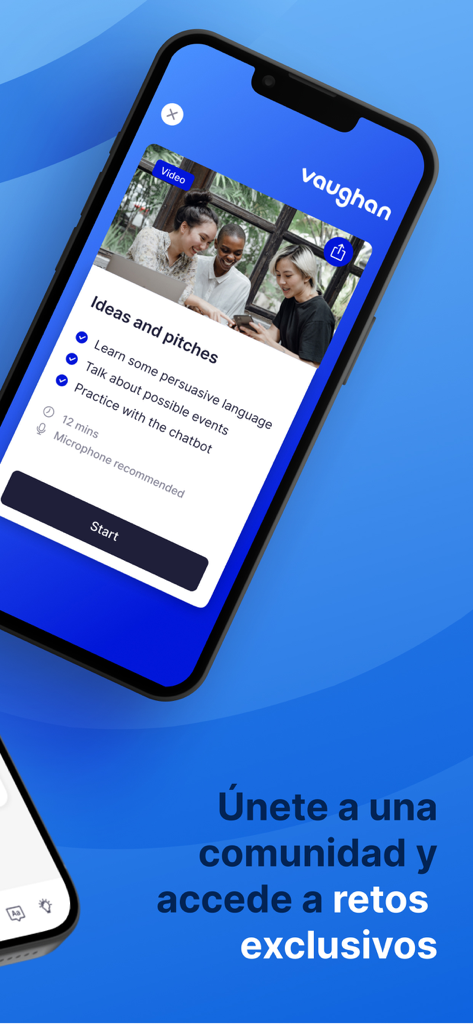 Vaughan TalkMaster - Vaughan TalkMaster mobile app screen showing a lesson for ideas and pitches featuring persuasive language training and chatbot practice