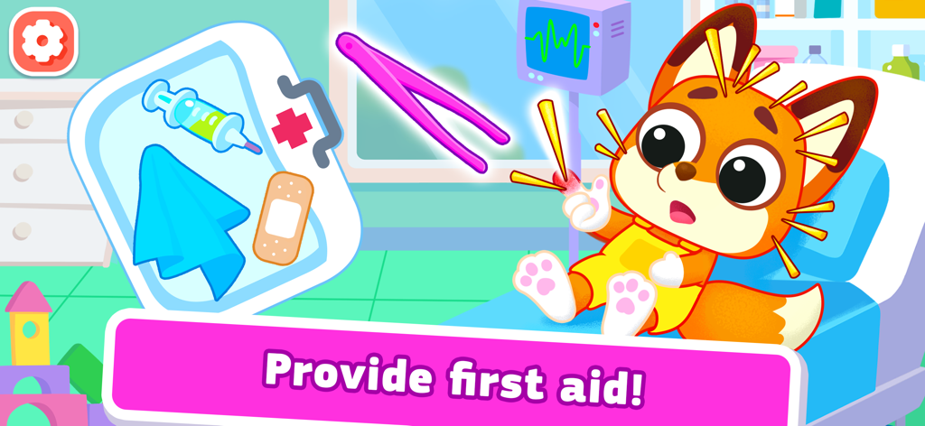 Pet Hospital games. Vet doctor - Un zorro de dibujos animados recibiendo primeros auxilios con herramientas médicas en un juego de doctor veterinario para niños