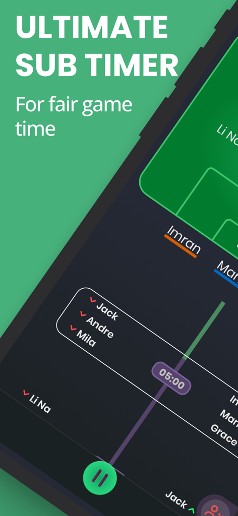 SubNow: Player Rotation Timer - SubNow app interface showing player substitution timer and rotation schedules for youth sports