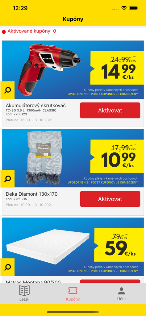 Merkury Market SK - Pantalla de la aplicación Merkury Market SK que muestra cupones digitales para herramientas, mantas y colchones con precios rebajados