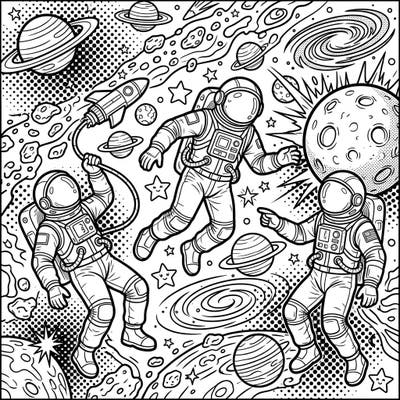 Embark on an intergalactic artistic journey with this dynamic Pop Art astronaut coloring page. Designed for teens, it blends cosmic exploration with a vibrant, comic-book aesthetic.