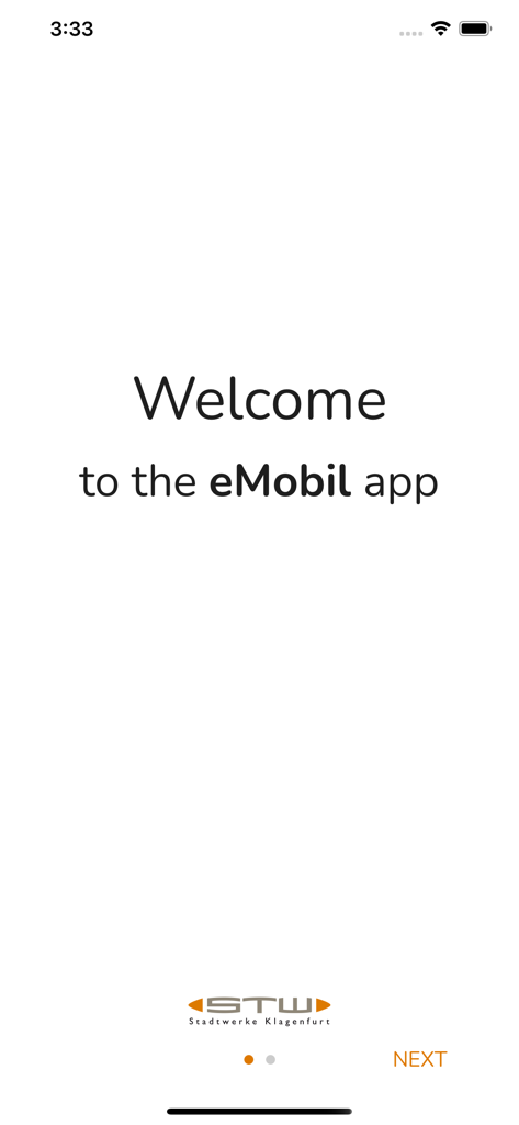 STW eMobil - Welcome screen of the STW eMobil app showing the Stadtwerke Klagenfurt logo