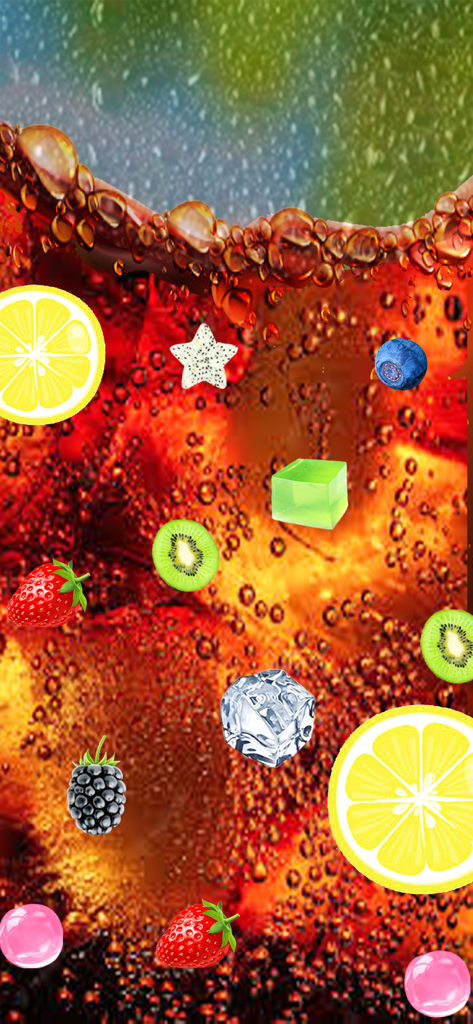 Close-up de uma bebida virtual de chá de bolhas cheia de coberturas de frutas e cubos de gelo