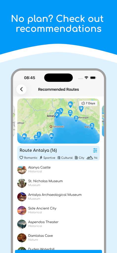 Turkey Travel Guide & Planner - インタラクティブマップとリストを備えた、トルコのアンタルヤの推奨旅行ルートと史跡を表示するモバイルアプリインターフェイス。