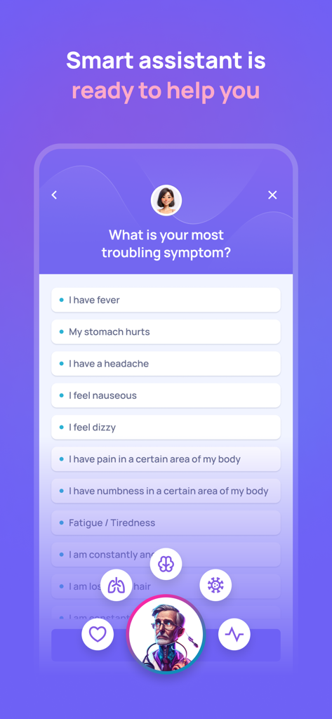 Keep it Better - Keep it Better mobile app screen showing a smart assistant interface for selecting health symptoms from a list