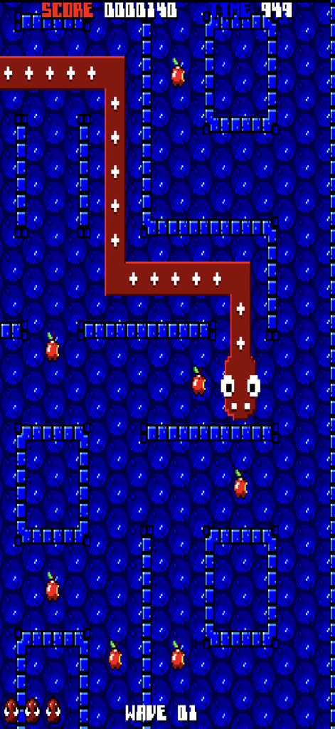 Uma cobra vermelha pixelizada navegando em um labirinto azul para coletar maçãs no jogo móvel Nibbler Remake