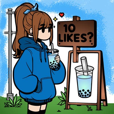 girl with oversized hoodie drinking boba and she has a high ponytail with a sign that says 10likes?
