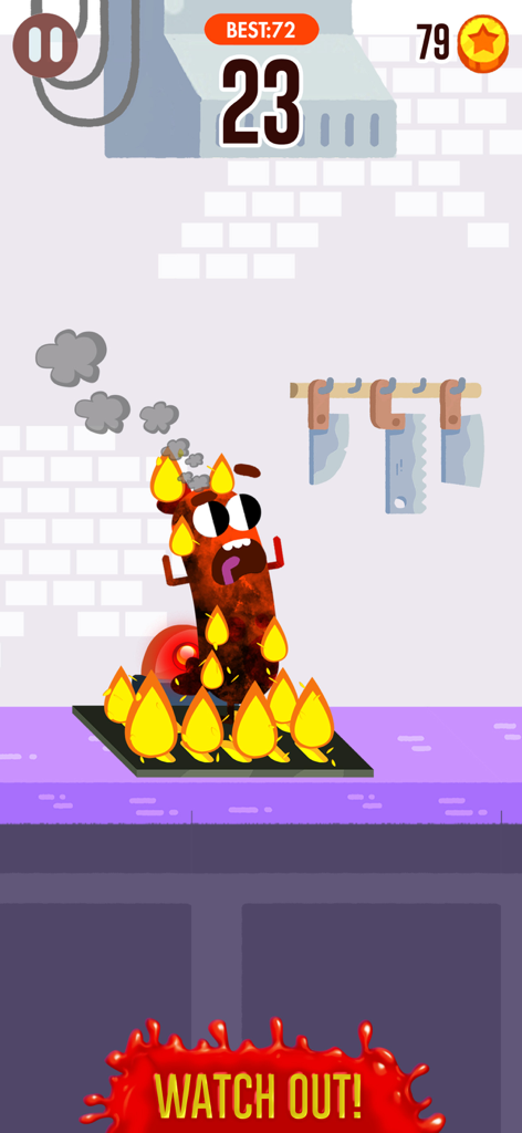 A scared cartoon sausage character on fire in the Run Sausage Run mobile game