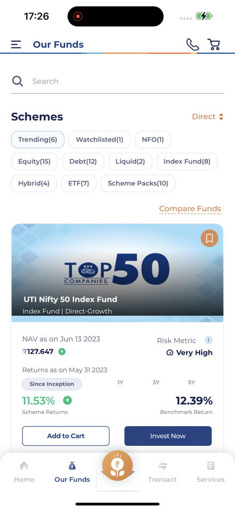 UTI Mutual Fund Invest online - UTI Mutual Fund app interface showing various investment categories and details for the Nifty 50 Index Fund with an option to invest or add to cart