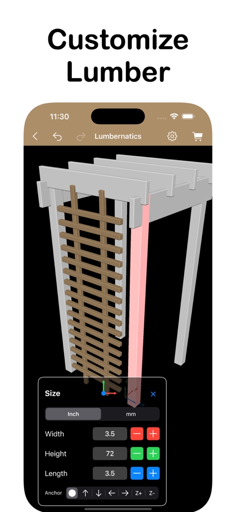 Interfaz de la aplicación Lumbernatics mostrando estructura de madera 3D y herramientas de ajuste de tamaño de madera