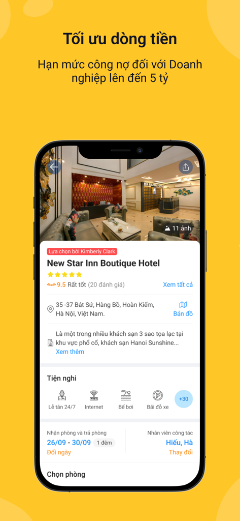 Vntrip TMS app interface showing hotel booking details and corporate travel management features
