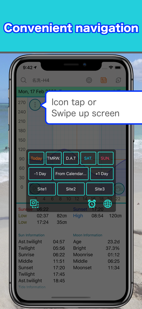 Tide and Weather - SurfTideΔ - Screenshot of SurfTide app showing the quick navigation menu over a tide graph and astronomical data